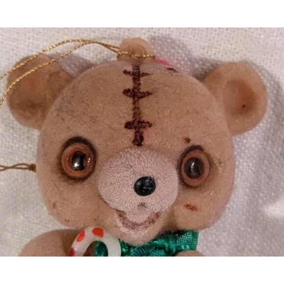 2 Flocked Bears Christmas Ornaments Kitschy Fuzzy Anthropomorphic Teddy Set Vtg - Picture 6 of 12